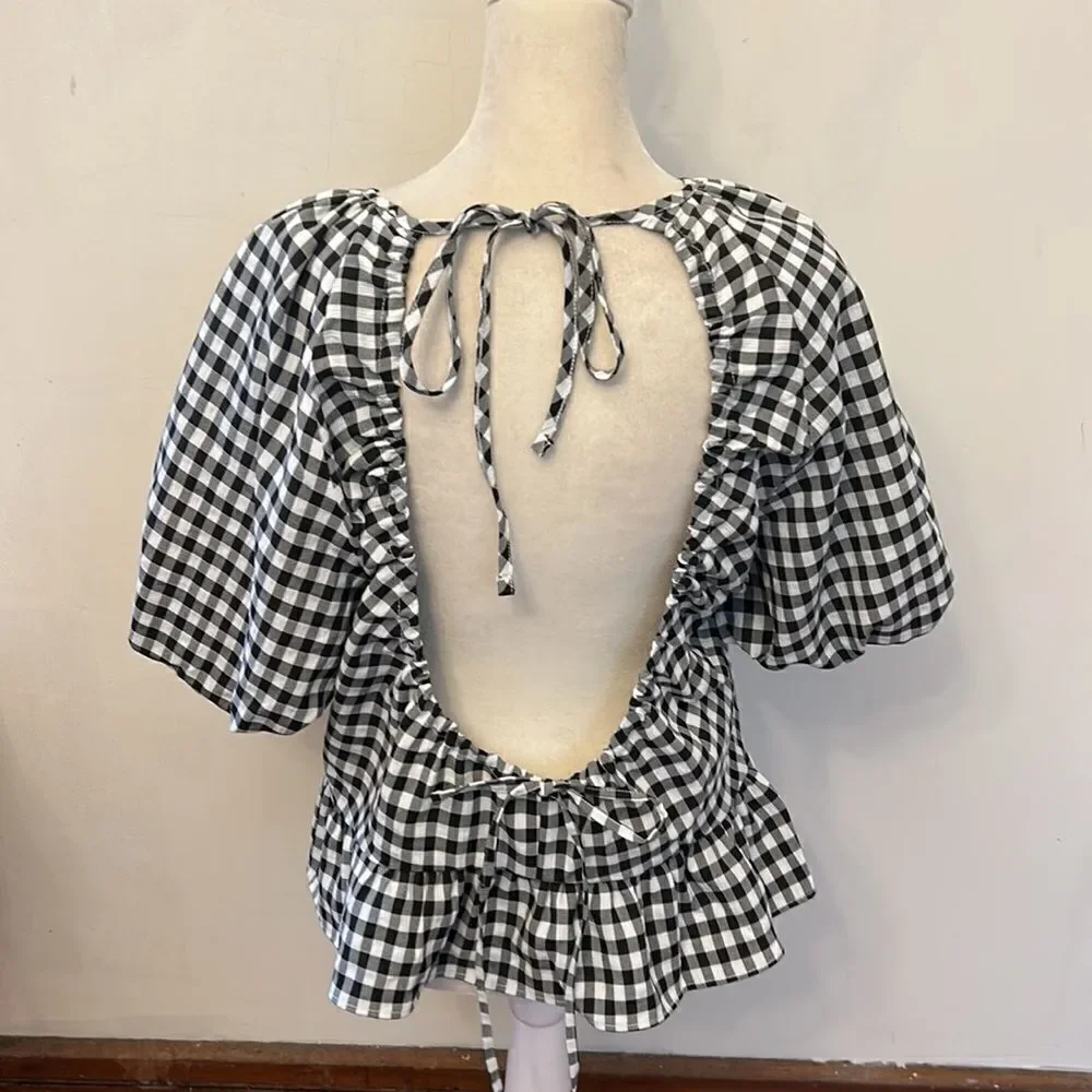 Topshop black white gingham puff sleeve cut out back blouse Size 8 NWOT - Picture 6 of 9